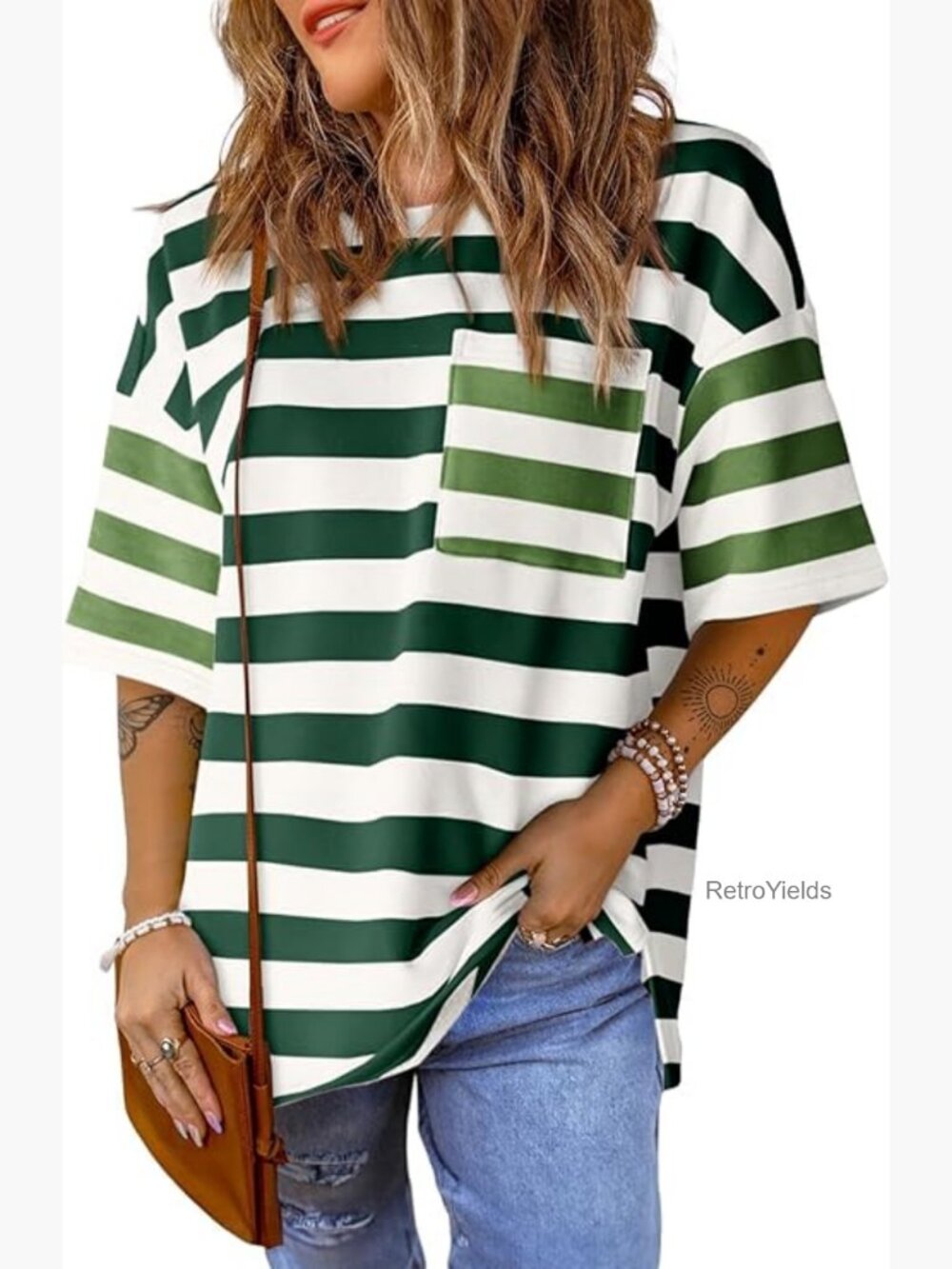Oversized Crew Neck Striped T-Shirt Loose Fit Short Sleeve Summer Top